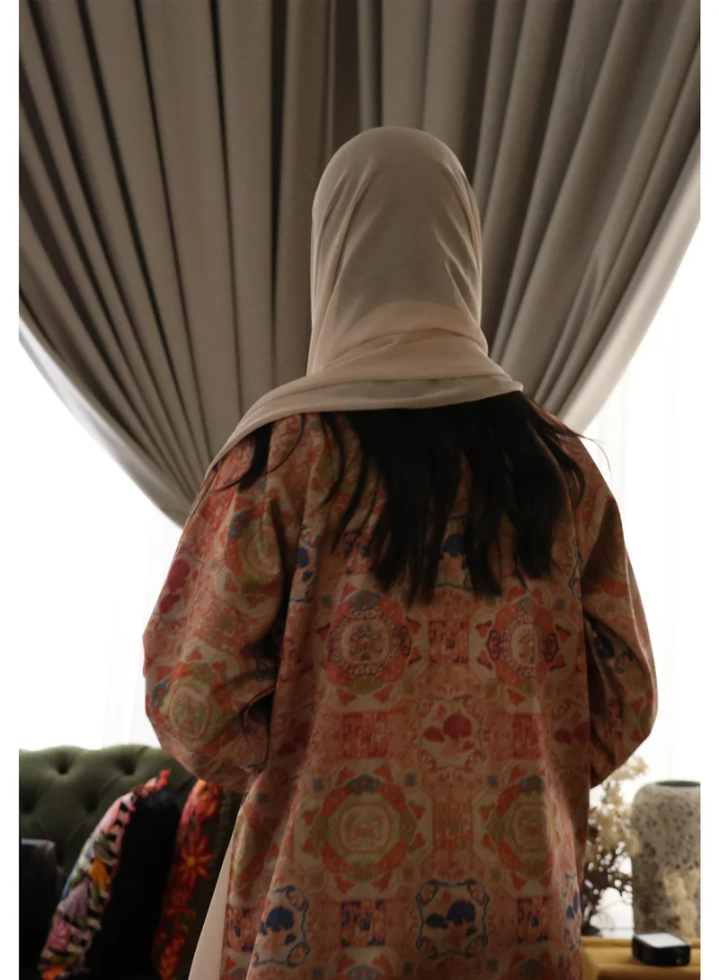 JAMEELA  Heritage Reversible Abaya with Scarf - Terracotta Tile Print to Solid Brown for Women | Best Price UAE