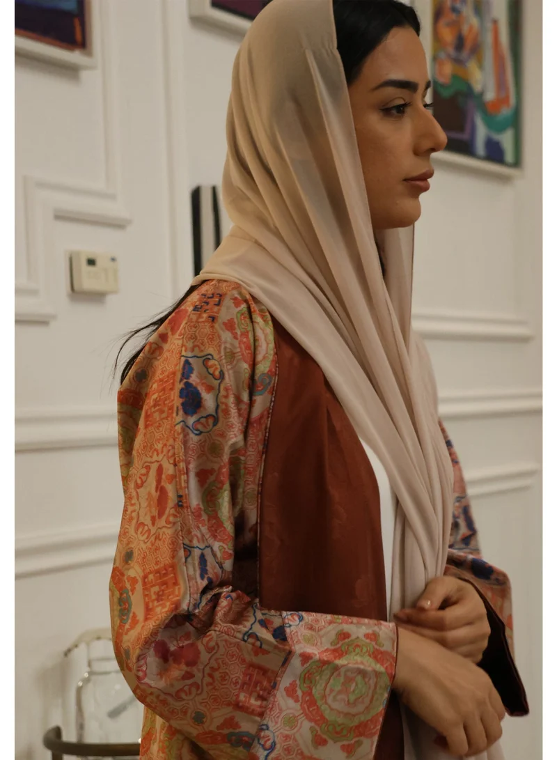 JAMEELA  Heritage Reversible Abaya with Scarf - Terracotta Tile Print to Solid Brown for Women | Best Price UAE