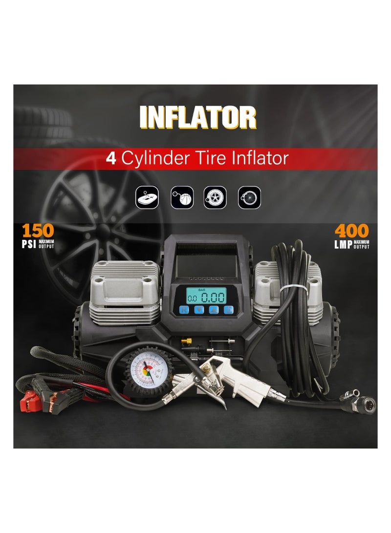 SHEZA STAR 4 Cylinder Car Air Compressor Ultra Extreme 4x4 Tire Super Air Flow Portable 150 PSI, 400 LPM, 12V Tire Inflator for Car, Truck, Bicycle & Other Inflatables  - Image 2