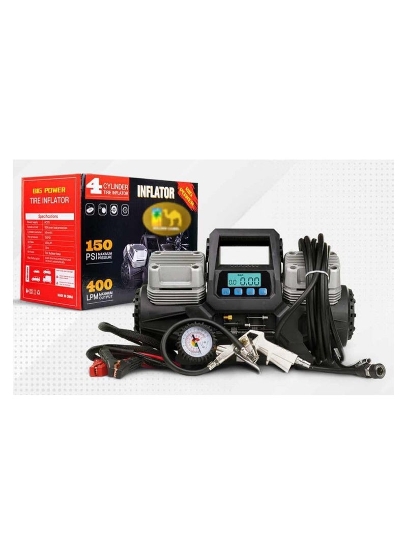 SHEZA STAR 4 Cylinder Car Air Compressor Ultra Extreme 4x4 Tire Super Air Flow Portable 150 PSI, 400 LPM, 12V Tire Inflator for Car, Truck, Bicycle & Other Inflatables  - Image 3