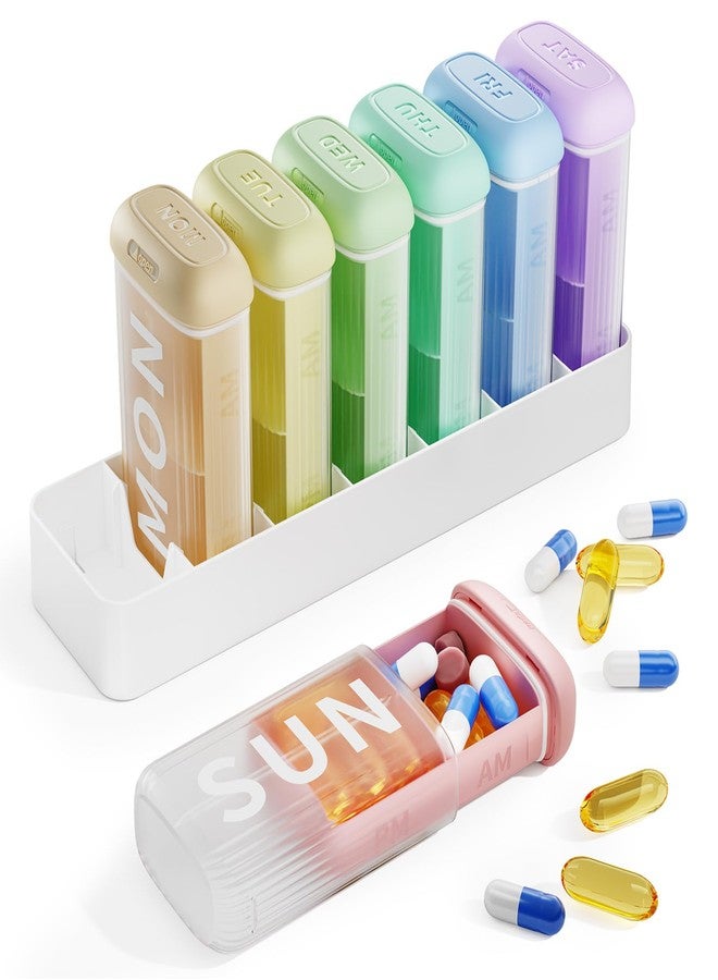Daviky Pill Organizer 2 Times a Day, AM PM Pill Organizer 7 Day with 7 Removable Daily Cases, Weekly Pill Box with Large Print Labels, Easy Open Travel Pill Case for Vitamins and Medication, Rainbow - Image 1