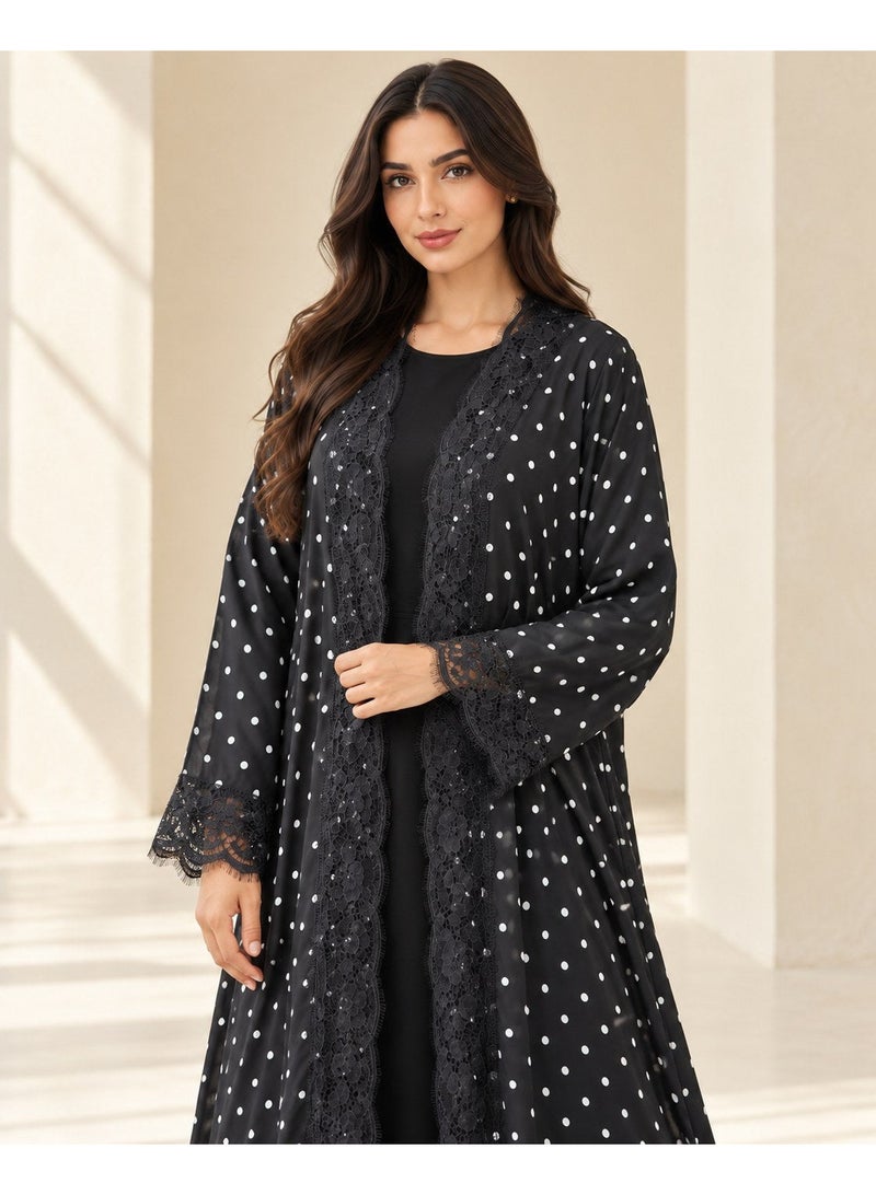 KAVALEE Women's Black Polka Dot Lace-Trim Double-Layered Open Abaya - Image 4