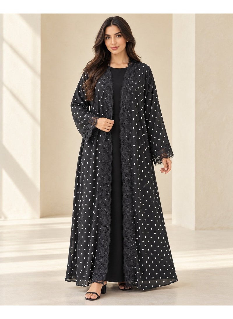KAVALEE Women's Black Polka Dot Lace-Trim Double-Layered Open Abaya - Image 1