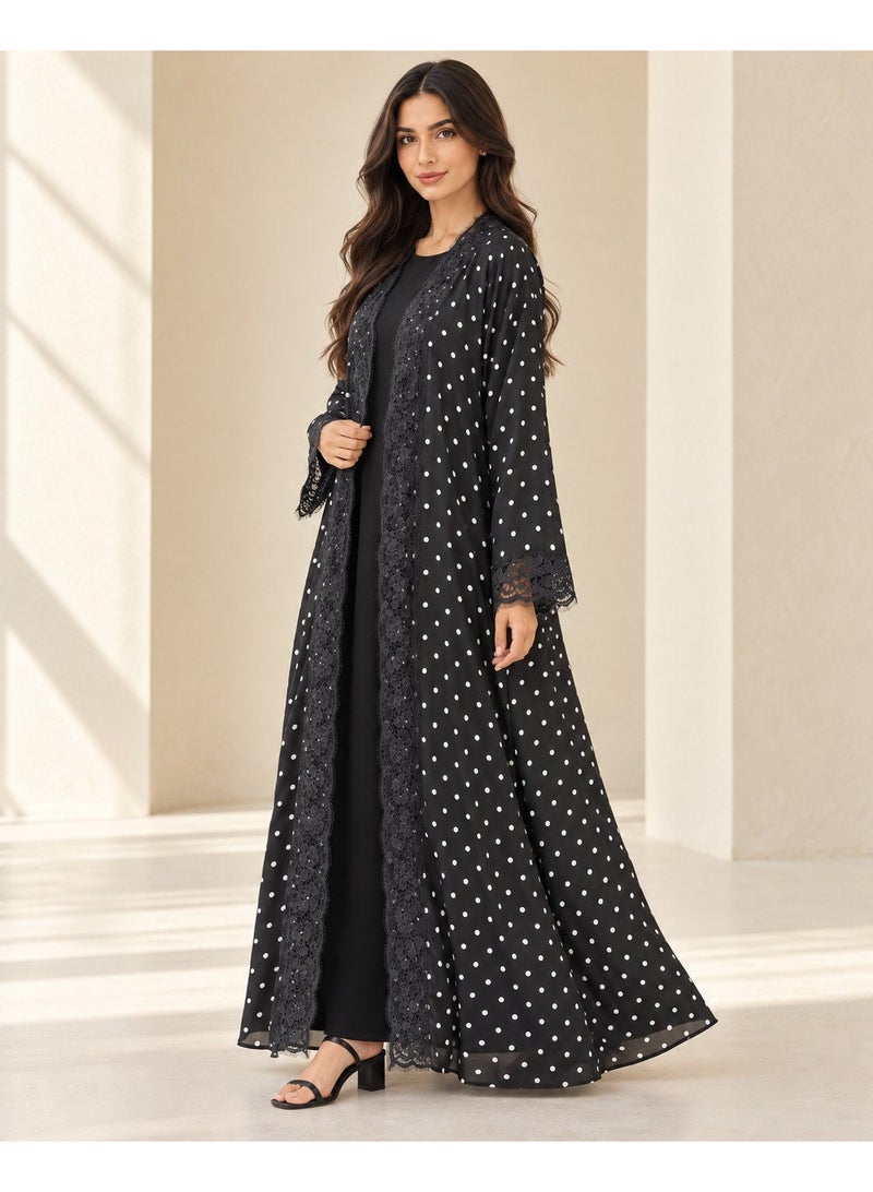 KAVALEE Women's Black Polka Dot Lace-Trim Double-Layered Open Abaya - Image 3