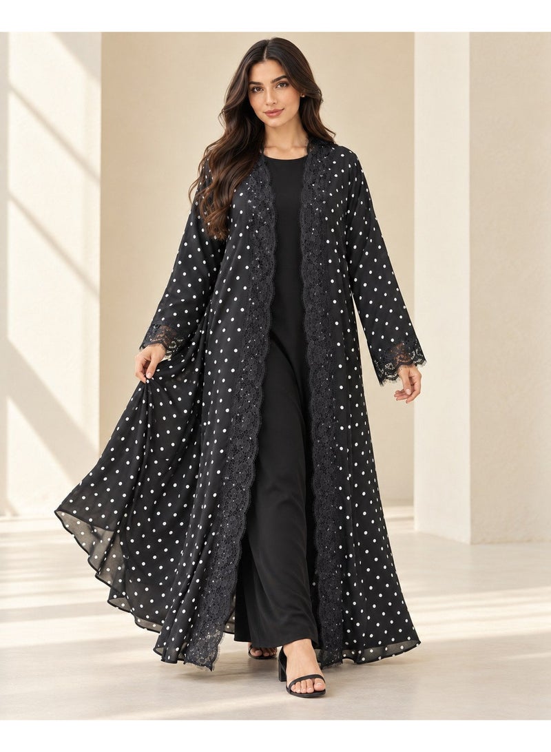 KAVALEE Women's Black Polka Dot Lace-Trim Double-Layered Open Abaya - Image 2