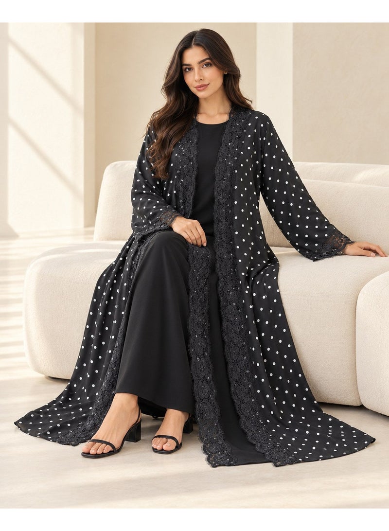 KAVALEE Women's Black Polka Dot Lace-Trim Double-Layered Open Abaya - Image 5