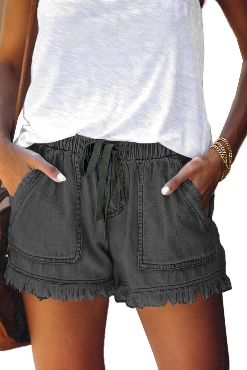 YOCUR Womens Jean Shorts Mid Waisted Drawstring Tassel 3 Inseam Denim Summer Casual Cute Juniors Shorts Cotton Hot Pants Grey XL - Image 1