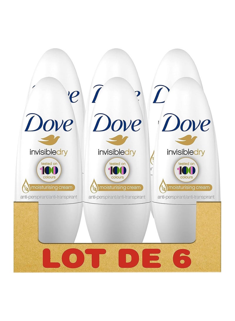 Dove Invisible Dry Anti-Perspirant Deodorant Roll-On, 50 ml, Pack of 6 - Image 1