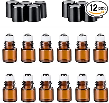 Quupy 12Pcs 1ml Essential Oils Roller Bottles Mini Empty Rollon Bottles with Stainless Steel Roller Balls and Black Cap Cosmetic Makeup Storage Vials For Fragrance Perfume Aromatherapy - Image 1