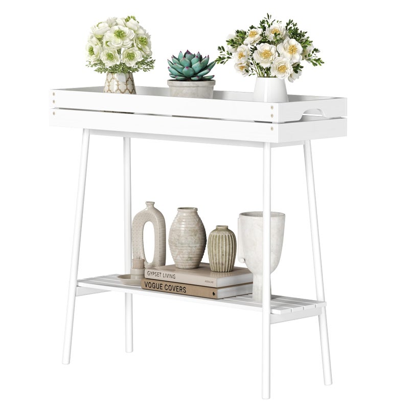 BAMBANG Bamboo Plant Stand Indoor, 2 Tier Small Plant Table, Tall Plant Stand for Indoor Plants, Window Sill Plant Shelf, Flower Pot Holder Plant Bench Plant Rack for Living Room Outdoor, White - Image 1