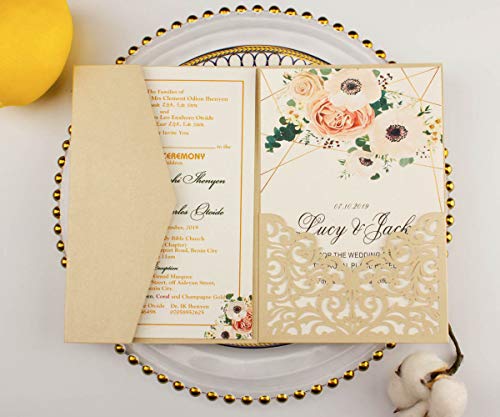 Lucky Star 25 sets 5"x7.28" Champagne Vine Tri Fold Pocketfold Wedding Invitations Cards pocket Pearl Paper Laser Cut Hollow Carving Greeting invites with envelopes inserts (champagne) - Image 2