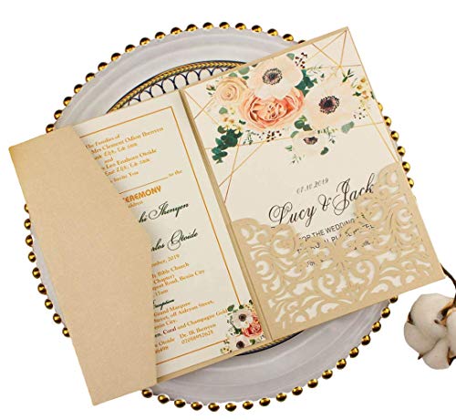 Lucky Star 25 sets 5"x7.28" Champagne Vine Tri Fold Pocketfold Wedding Invitations Cards pocket Pearl Paper Laser Cut Hollow Carving Greeting invites with envelopes inserts (champagne) - Image 1