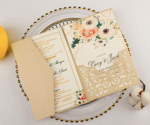 Lucky Star 25 sets 5"x7.28" Champagne Vine Tri Fold Pocketfold Wedding Invitations Cards pocket Pearl Paper Laser Cut Hollow Carving Greeting invites with envelopes inserts (champagne) - Image 4