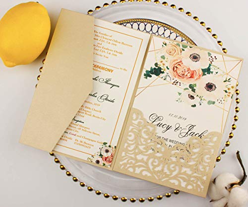 Lucky Star 25 sets 5"x7.28" Champagne Vine Tri Fold Pocketfold Wedding Invitations Cards pocket Pearl Paper Laser Cut Hollow Carving Greeting invites with envelopes inserts (champagne) - Image 5