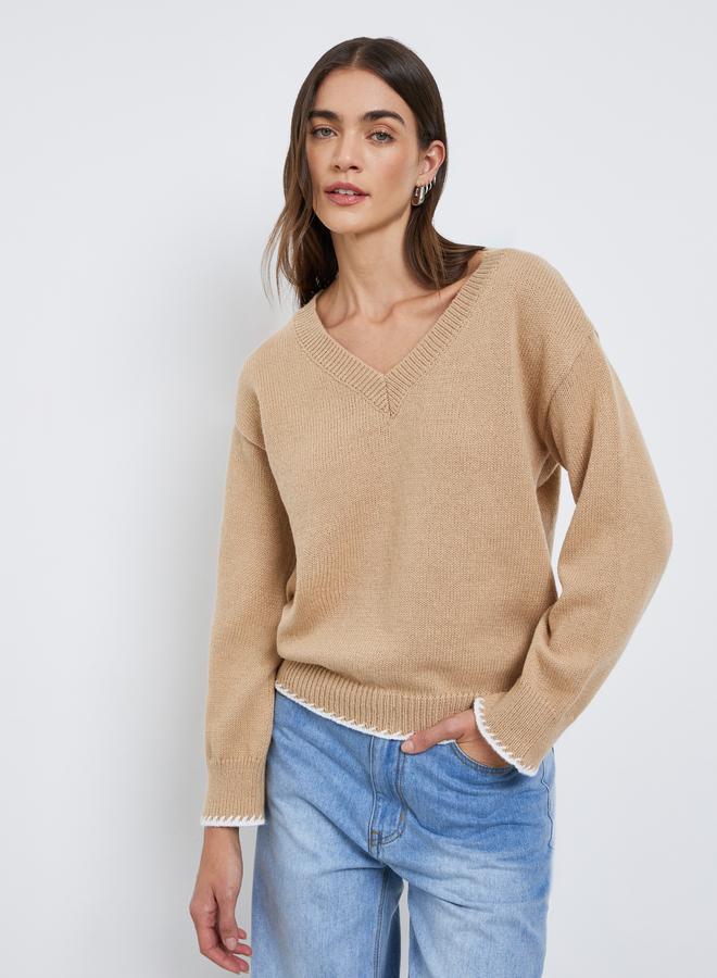 Styli Beige V-Neck Knitted Sweater - Image 1
