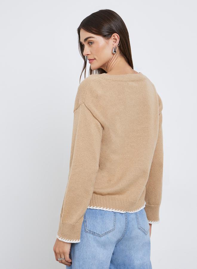 Styli Beige V-Neck Knitted Sweater - Image 5