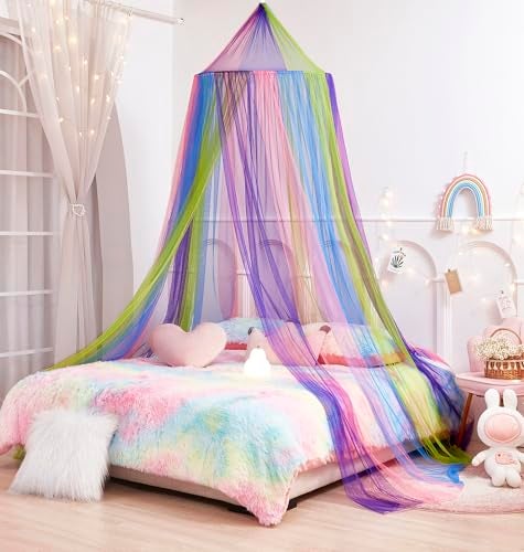 Nattey Rainbow Bed Canopy for Girls, X-Large Princess Bed Canopy Rainbow Bedroom Accessories Decor,Girls Mosquito Net Dome Canopy for Twin to King Size Bed - Image 1
