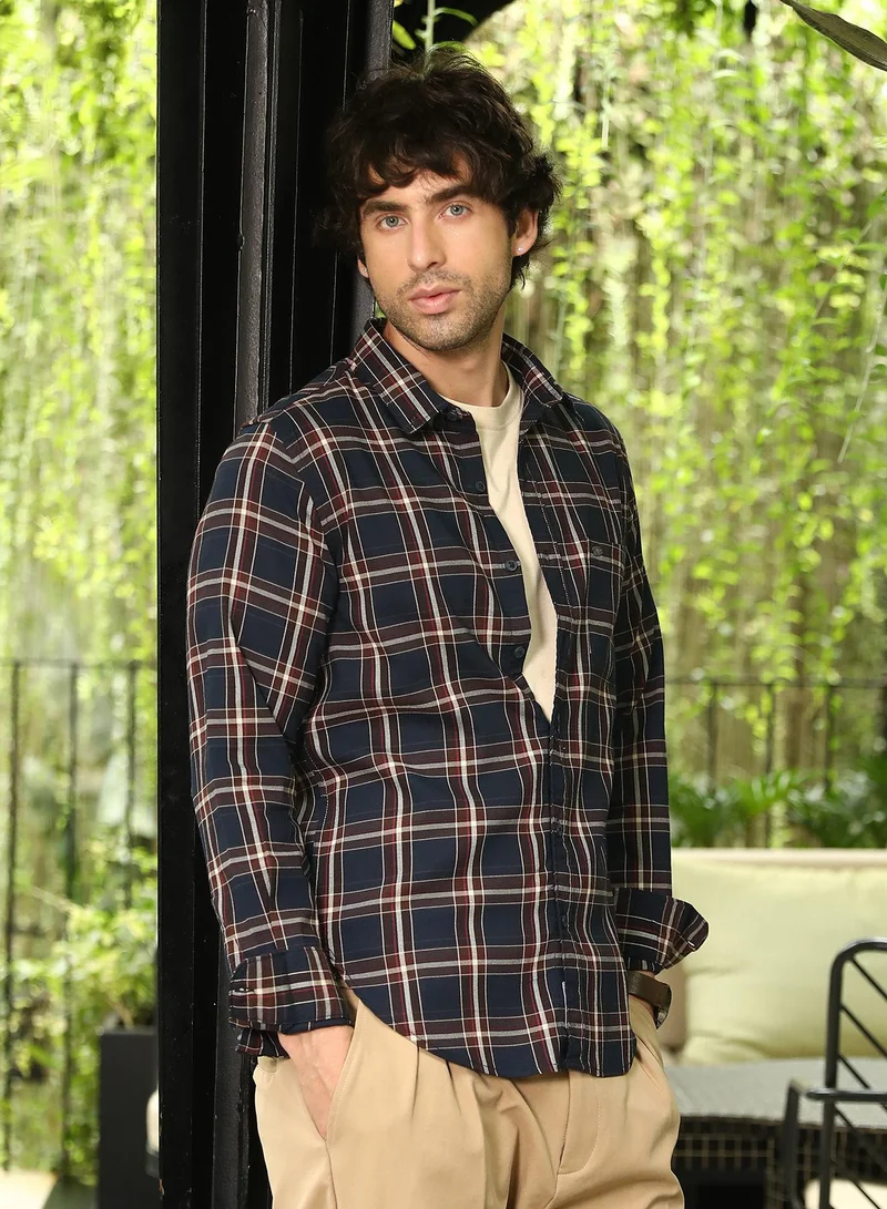 CAHOOT  Men's Navy Blue Button-Down Tartan-Plaid Shirt for Men | Best Price UAE