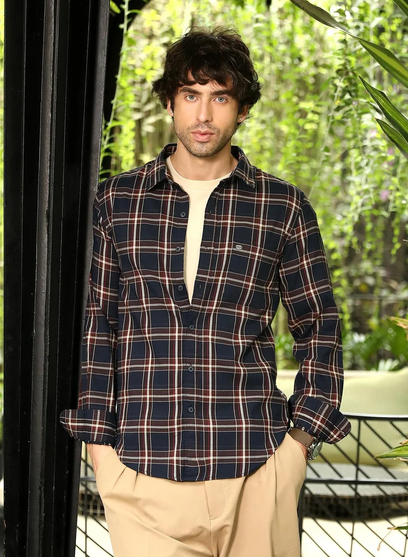 Campus Sutra Men Button-Down Tartan-Plaid Shirt | Button-Down Collar, Long Button-Cuff Sleeves | Button , Curved Hem | Plaid Twill | Woven Fabric For Casual & Daily Wear | Navy Blue