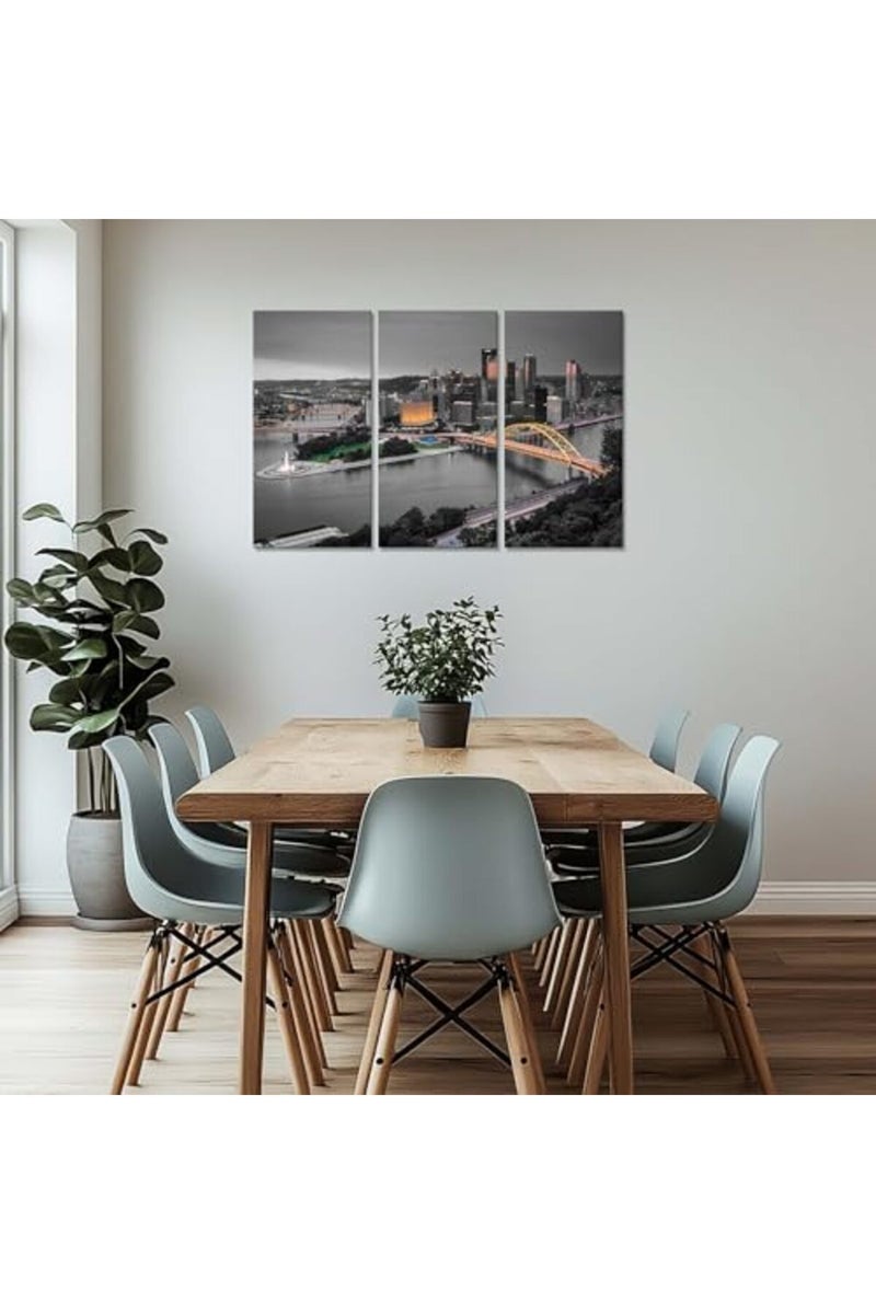 Artbrush Tower Pennsylvania City Wall Art Pittsburgh Night Wall Decor Picture Canvas Print Poster Painting Framed Home Living Room Bedroom Decoration 3 Piece Ready to Hang(48''Wx32''H) - Image 4