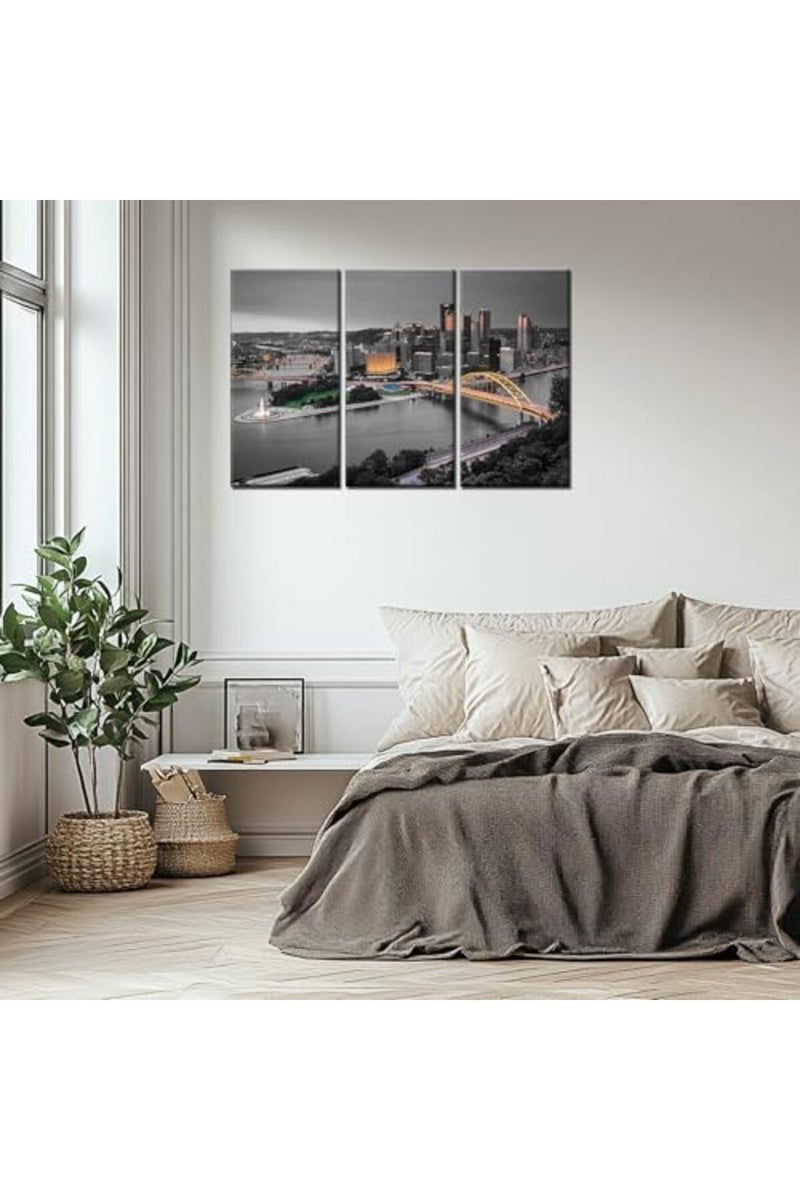 Artbrush Tower Pennsylvania City Wall Art Pittsburgh Night Wall Decor Picture Canvas Print Poster Painting Framed Home Living Room Bedroom Decoration 3 Piece Ready to Hang(48''Wx32''H) - Image 3