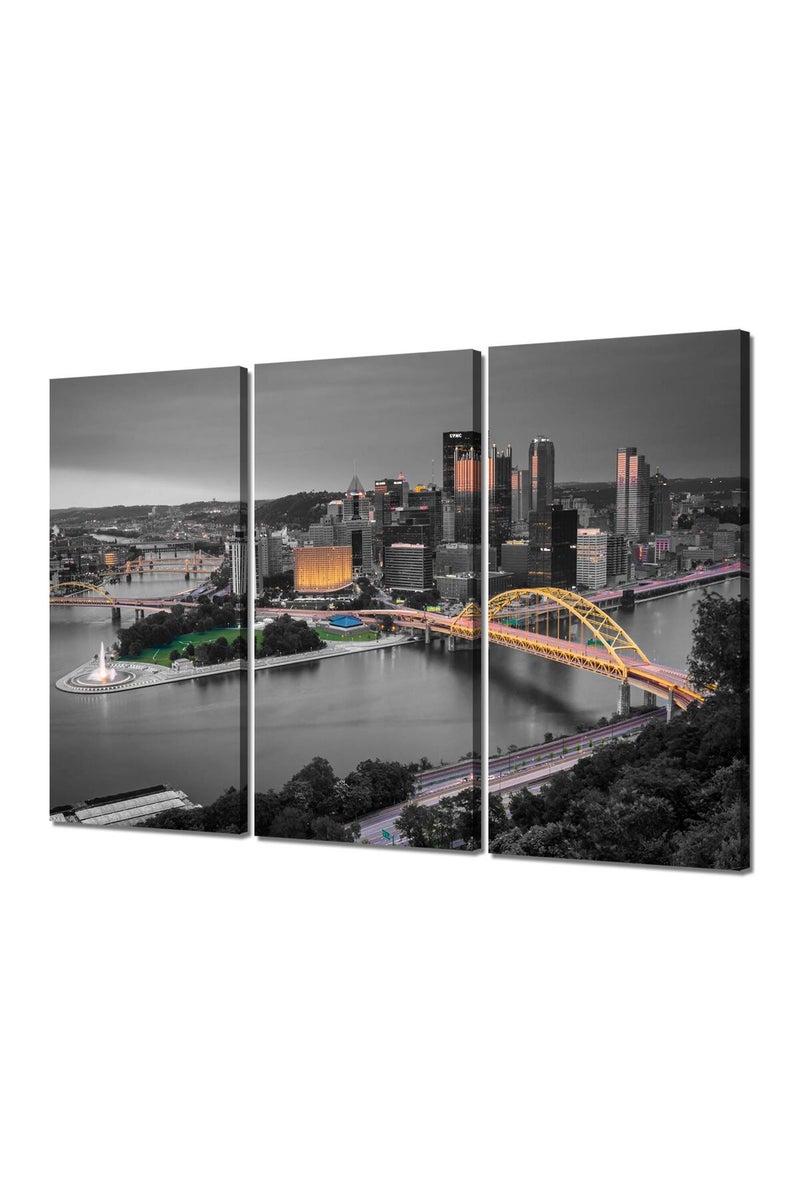 Artbrush Tower Pennsylvania City Wall Art Pittsburgh Night Wall Decor Picture Canvas Print Poster Painting Framed Home Living Room Bedroom Decoration 3 Piece Ready to Hang(48''Wx32''H) - Image 1