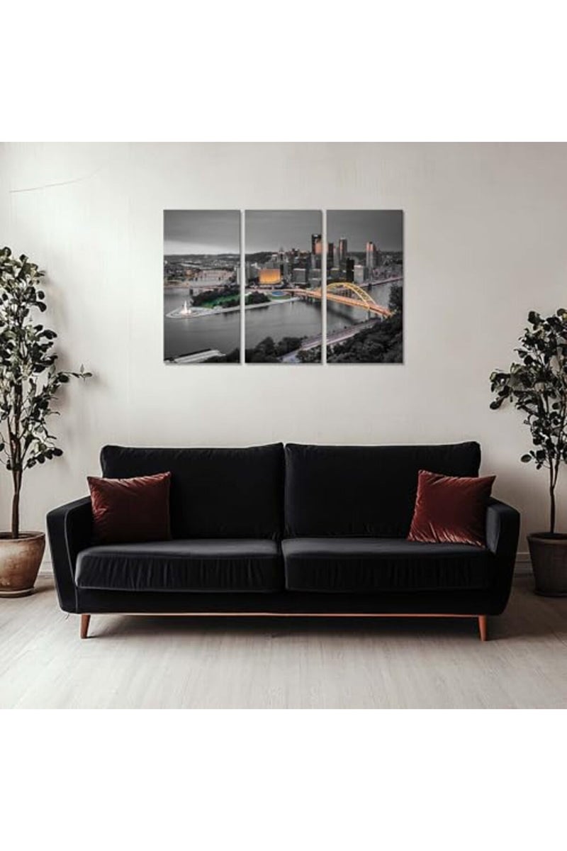 Artbrush Tower Pennsylvania City Wall Art Pittsburgh Night Wall Decor Picture Canvas Print Poster Painting Framed Home Living Room Bedroom Decoration 3 Piece Ready to Hang(48''Wx32''H) - Image 2