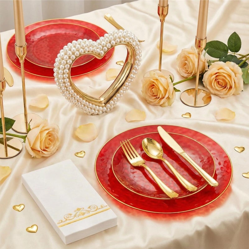 BONSINY 150 Pcs Red Plastic Dinnerware Set for 25 Guests - Red Disposable Plates for Party Birthday Easter Party - Image 5