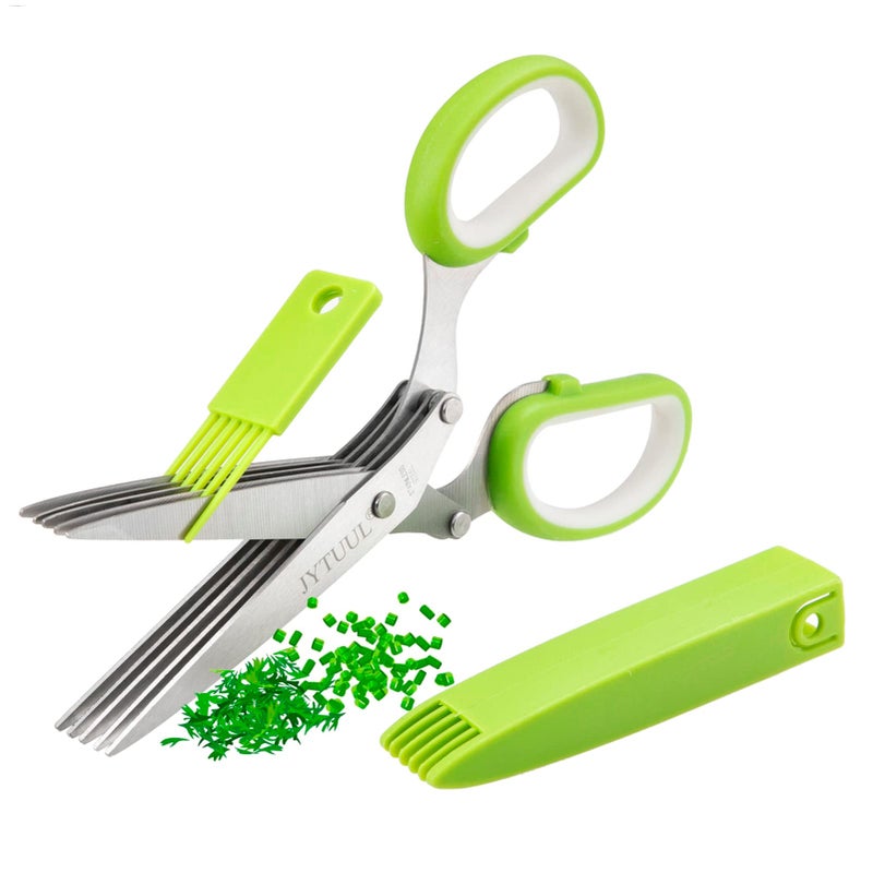 JYTUUL Herb Scissors Multipurpose Sharp Kitchen Herb Cutter Shears with 5 Stainless Steel Blades Safety Cover Cleaning Comb Cool Kitchen Gadgets for Cutting Fresh Garden Herbs Dishwasher Safe