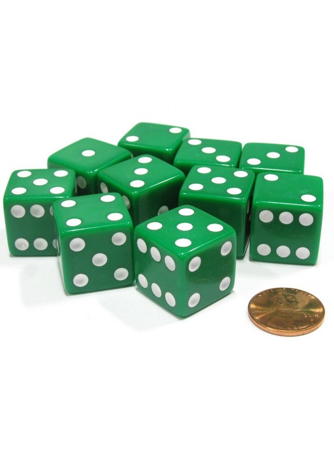 Koplow Games Set of 10 Large Six Sided Square Opaque 19mm D6 Dice - Green with White Pip Die