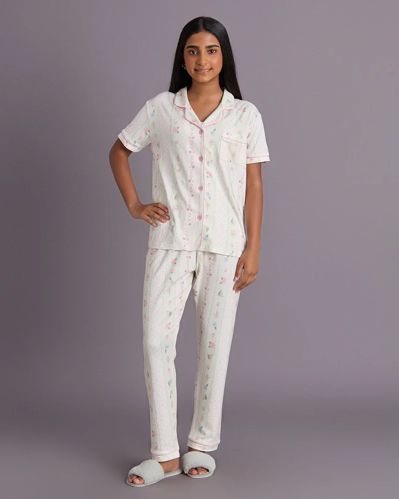 Redtag Senior Girls White Short Sleeve Pajama Set