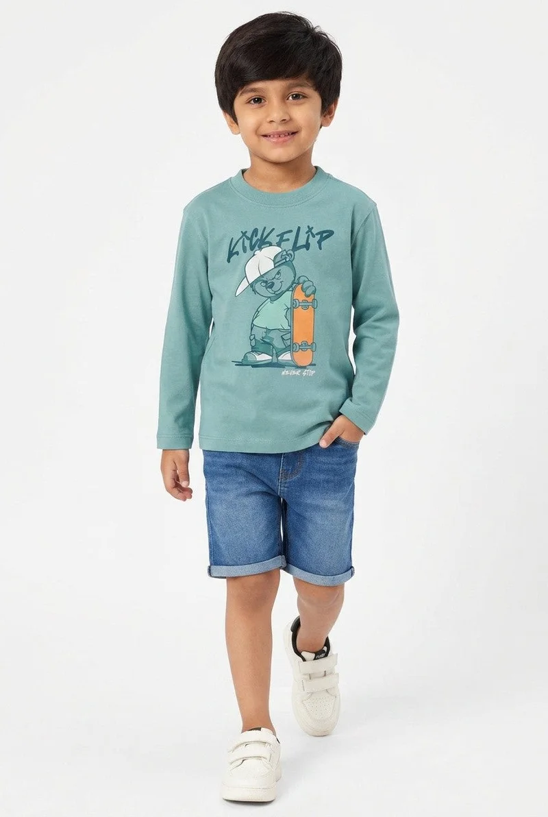 او في اس OVS Green Oversized Pure Cotton T-Shirt With Skate Print For Boys