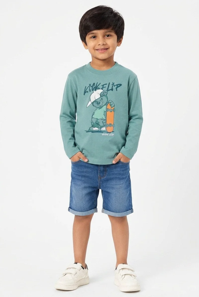 او في اس OVS Green Oversized Pure Cotton T-Shirt With Skate Print For Boys