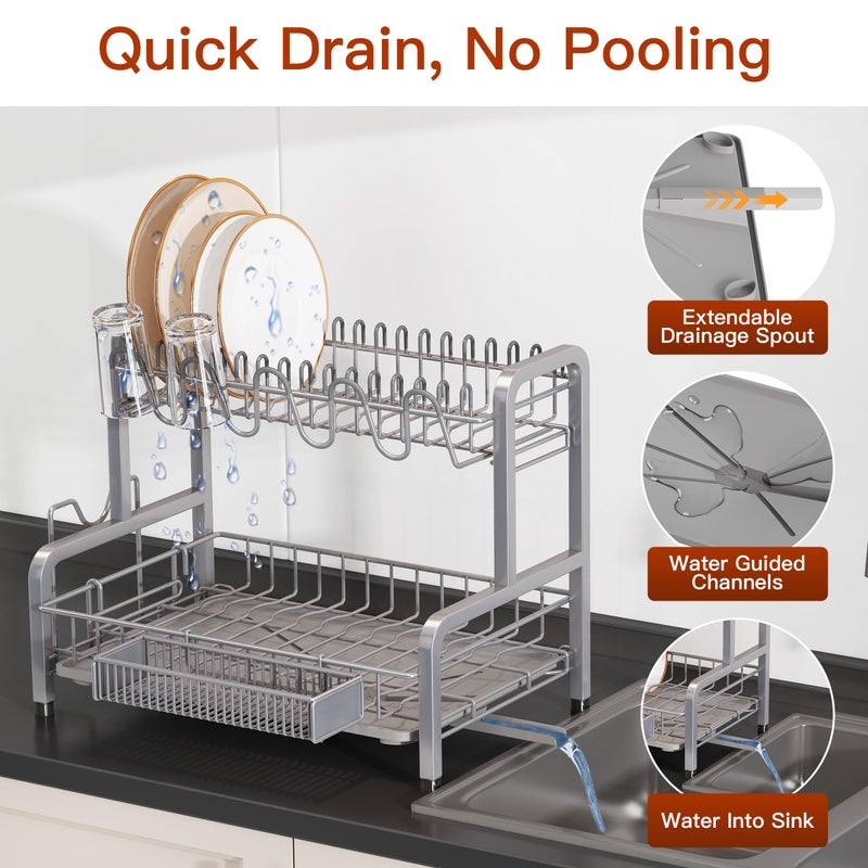 BOOSINY 2 Tier Dish Drainers Drying Rack for Kitchen Counter Large Stainless Steel Dishes Drain with Drainboard, Space Saving, Big Modern Silver Countertop Metal Plates Dryer Strainer Holder and Extra Tray - Image 3