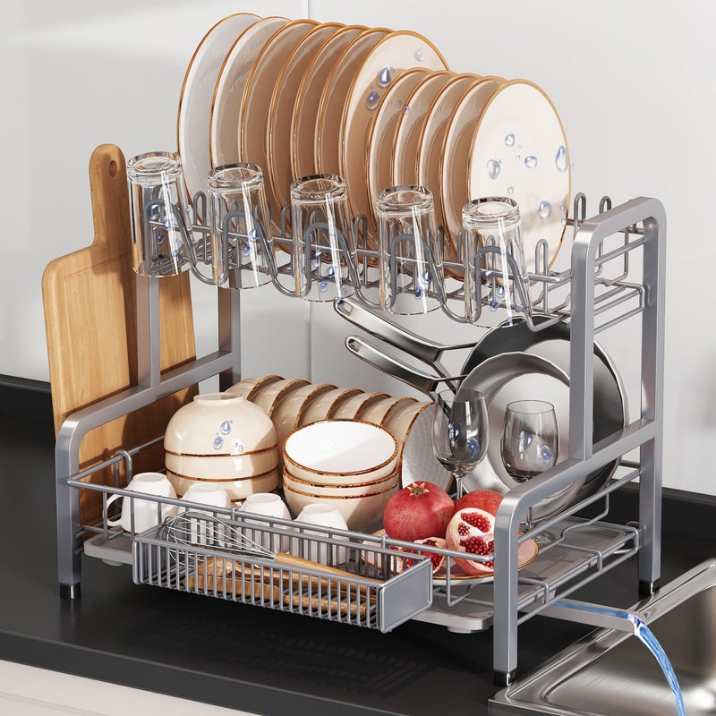 BOOSINY 2 Tier Dish Drainers Drying Rack for Kitchen Counter Large Stainless Steel Dishes Drain with Drainboard, Space Saving, Big Modern Silver Countertop Metal Plates Dryer Strainer Holder and Extra Tray - Image 1