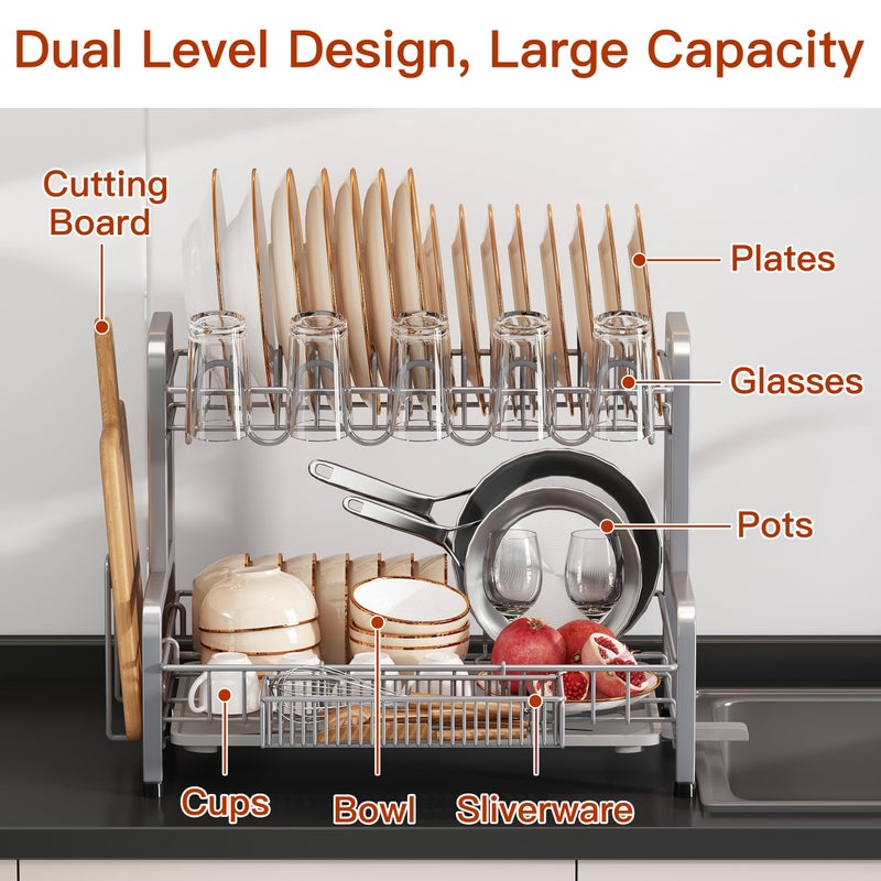 BOOSINY 2 Tier Dish Drainers Drying Rack for Kitchen Counter Large Stainless Steel Dishes Drain with Drainboard, Space Saving, Big Modern Silver Countertop Metal Plates Dryer Strainer Holder and Extra Tray - Image 2