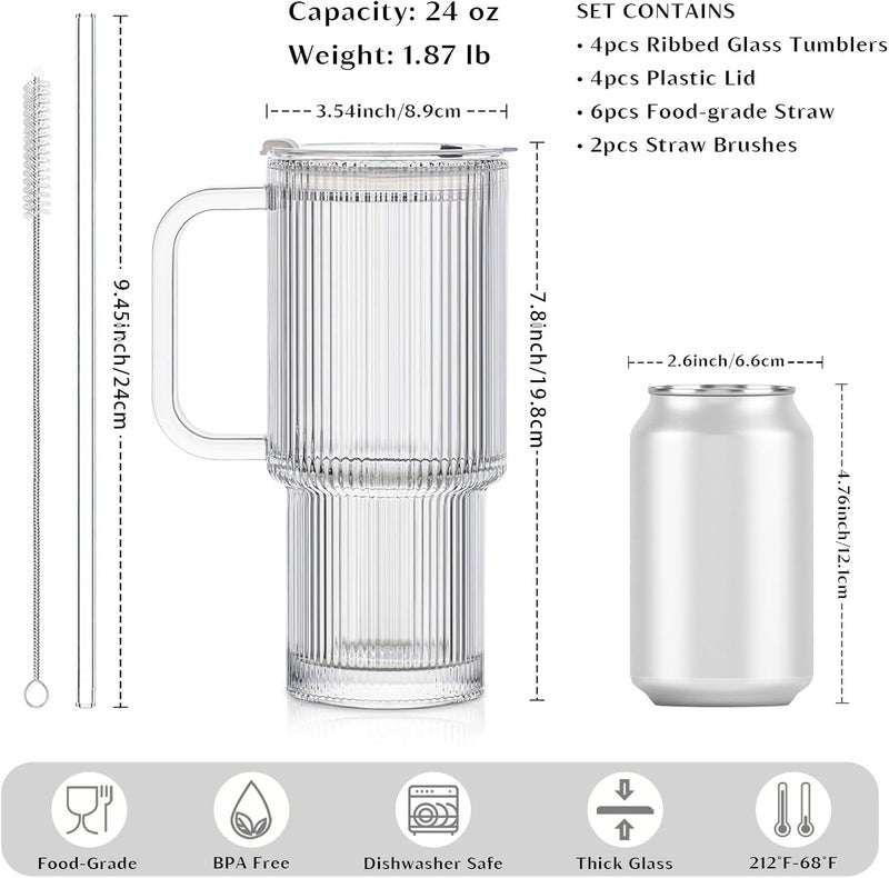 INSETLAN 24oz Ribbed Glass Tumbler with Handle & Lid – 4-Pack Large Iced Coffee Cups with Straws, Modern Glass Mug for Cold & Hot Beverages, Aesthetic Travel Cup for Smoothies, Tea, and Juice - Image 2