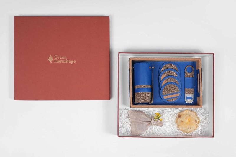 Green Hermitage Green Hermitage Festive Gift Boxes Apple LeatherThe Luxe Bar Ensemble1 Bar TrayWine Bottle HolderBottle OpenerSet of 4CoastersPack of 5Vegan Chocolate BitesUrli Soy Wax Candle Multicolour  - Image 2