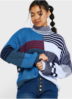 Patchwork Style High Neck Sweater