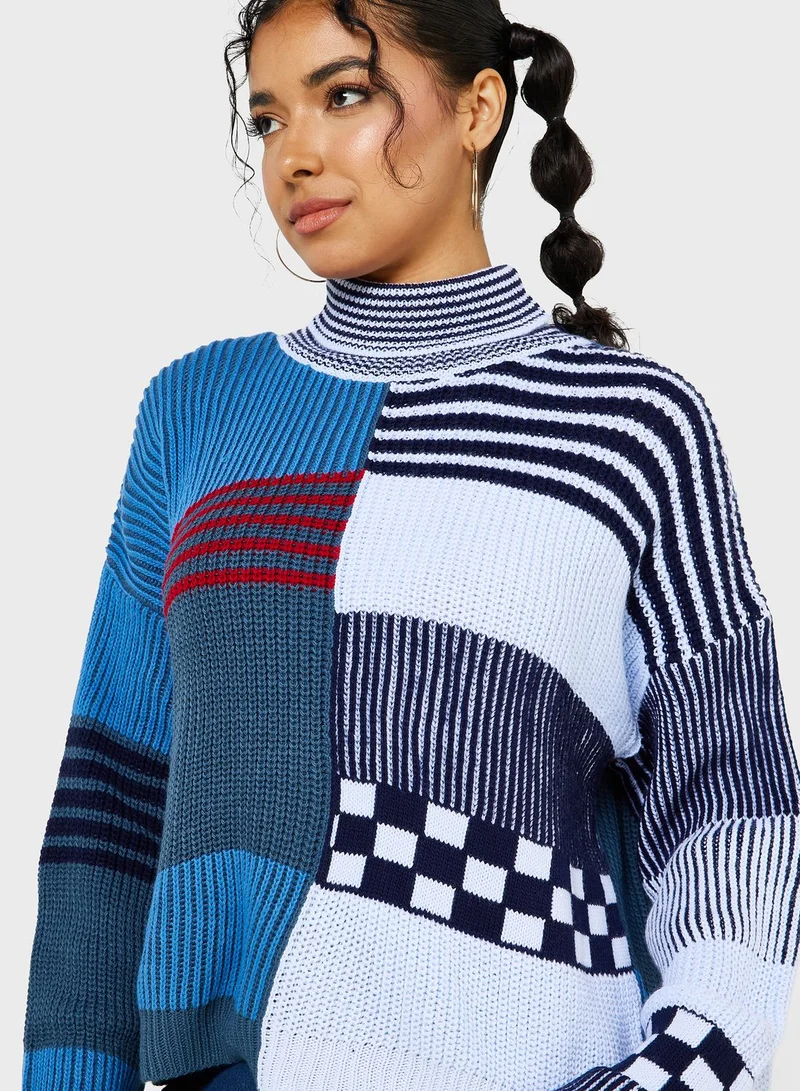Ginger Patchwork Style High Neck Sweater