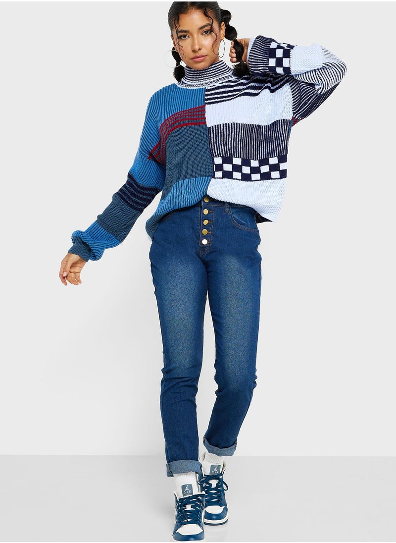 Ginger - Patchwork Style High Neck Sweater - Image 1