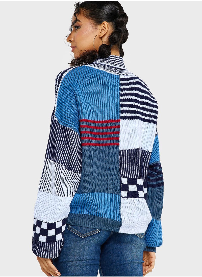 Ginger - Patchwork Style High Neck Sweater - Image 1
