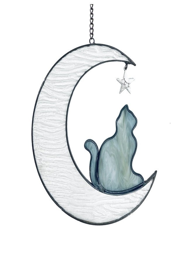 YT3 Studio Cat Memorial Gifts Ornament, Cat on Moon Stained Glass Window Hanging, Cat Suncatcher Decor, Pet Memorial Gifts for Cat, Cat Themed Gifts for Cat Lovers, Cat Remembrance Gifts for Women, Mom - Image 1