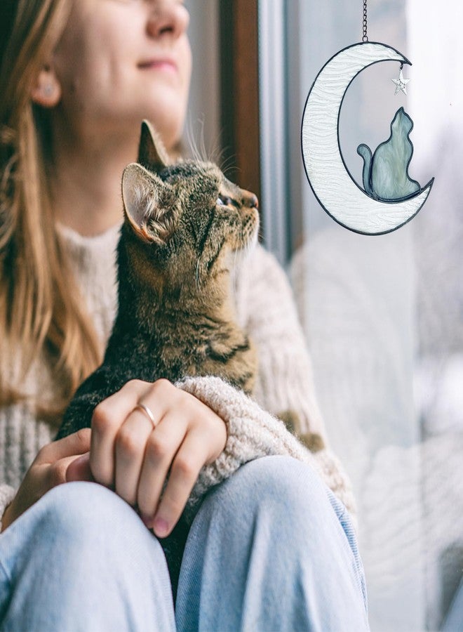 YT3 Studio Cat Memorial Gifts Ornament, Cat on Moon Stained Glass Window Hanging, Cat Suncatcher Decor, Pet Memorial Gifts for Cat, Cat Themed Gifts for Cat Lovers, Cat Remembrance Gifts for Women, Mom - Image 3
