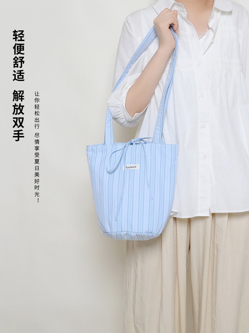 Striped Canvas Bag Korean Style Lazy Style Cloth Bag Ins Bucket Bag Japanese Department College Art Shoulder Tote Bag Women'S Batch - Image 2