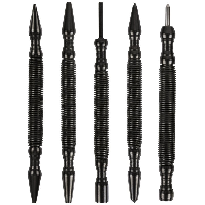 HIT Tool Hammerless Spring TooI Pro Pack: 1)1/32"&1/16",1-3/32" &1/8" Dual head nail setter, 1)Dual head prick¢er punch 1)HSS prick punch, 1)Dual Head Door hinge pin remover/hammer punch & Pouch - Image 1