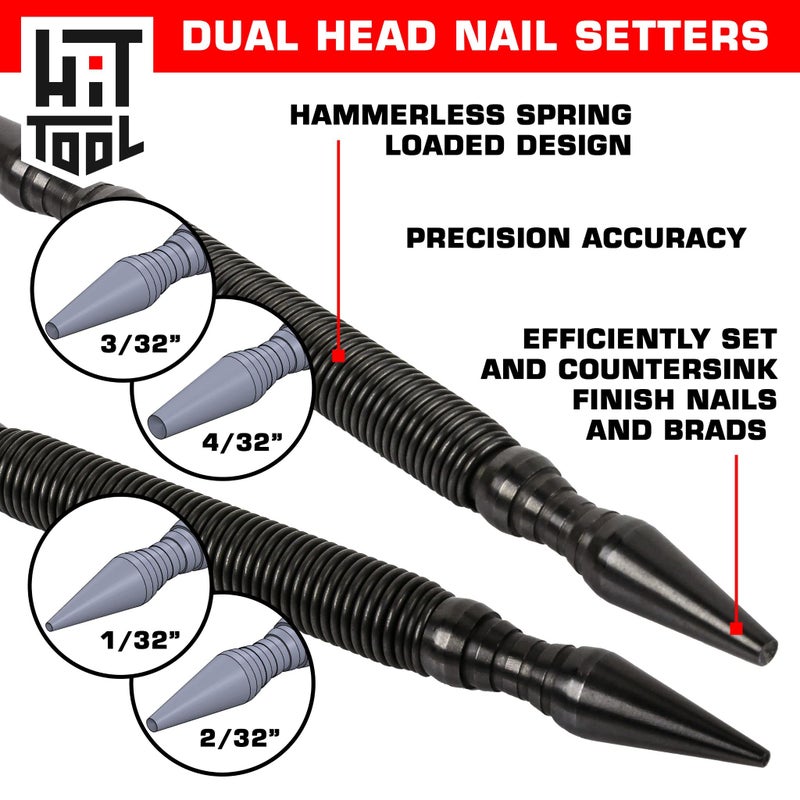 HIT Tool Hammerless Spring TooI Pro Pack: 1)1/32"&1/16",1-3/32" &1/8" Dual head nail setter, 1)Dual head prick¢er punch 1)HSS prick punch, 1)Dual Head Door hinge pin remover/hammer punch & Pouch - Image 5
