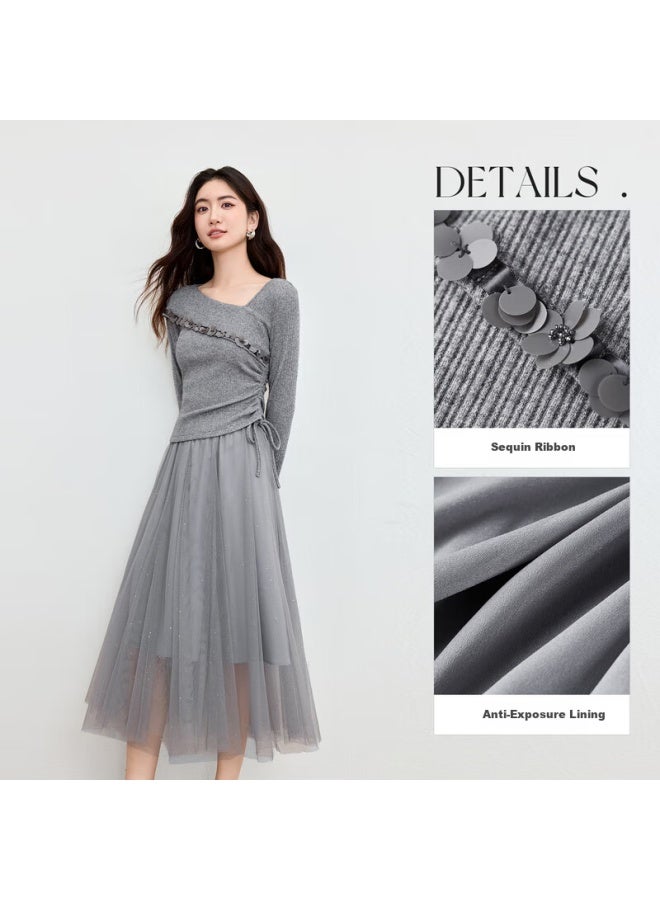 Sentubila Autumn Gentle Elegant Women's Set Pleated Slim Long Sleeve Knit Top With Silver Foil Mesh Skirt Two-piece Set - Image 2