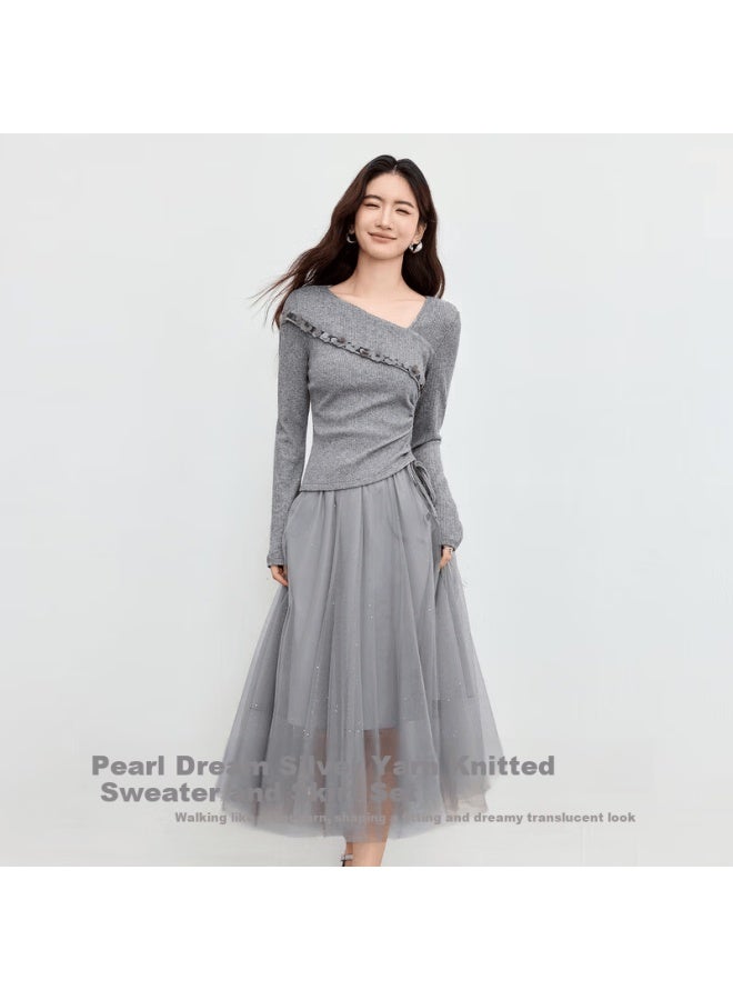 Sentubila Autumn Gentle Elegant Women's Set Pleated Slim Long Sleeve Knit Top With Silver Foil Mesh Skirt Two-piece Set - Image 1