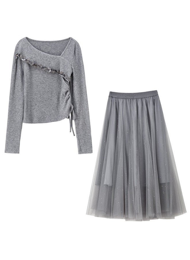 Sentubila Autumn Gentle Elegant Women's Set Pleated Slim Long Sleeve Knit Top With Silver Foil Mesh Skirt Two-piece Set - Image 4